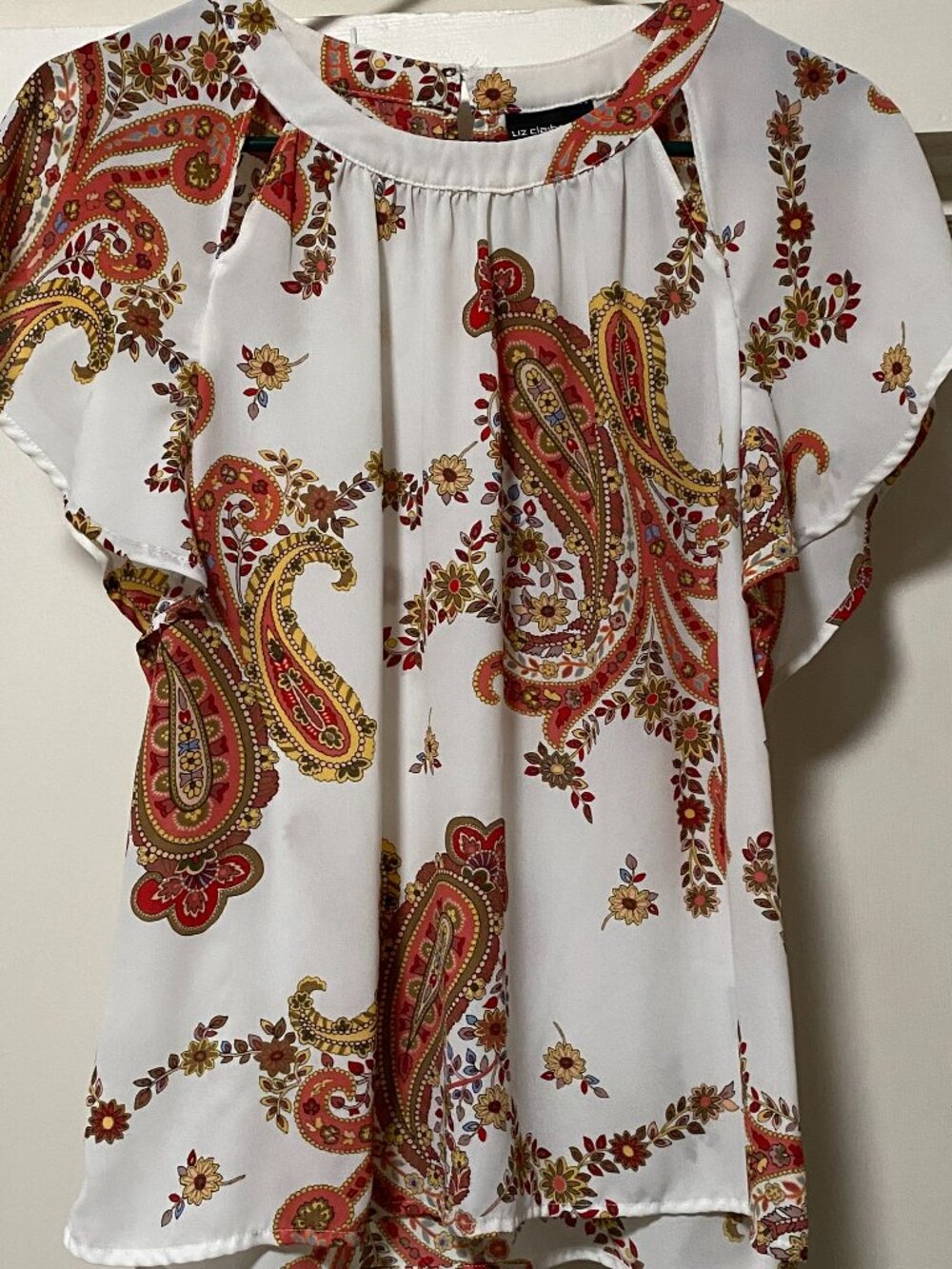 Liz Claiborne, paisley blouse w/crossover sleeves & cutouts on front, size S